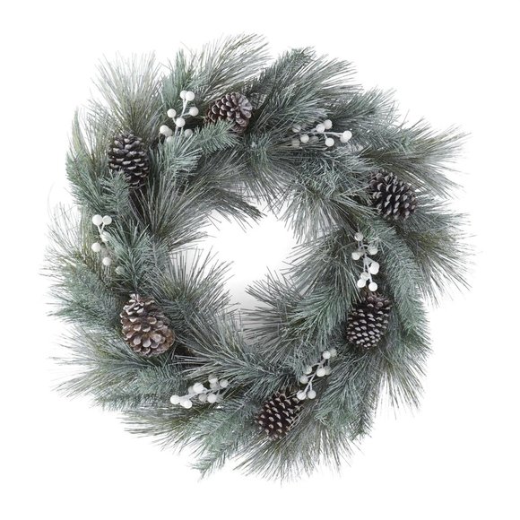 33 INCH FROSTED LONG NEEDLE PINE WREATH W/LARGE GRAY PINECONES